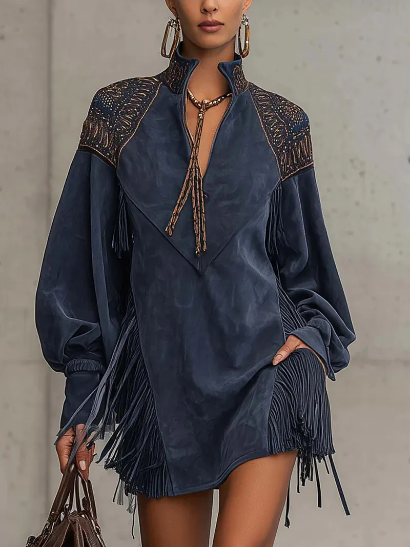 Women Embroidery Stand Collar Long Puff Sleeve Mini Shirt Dress