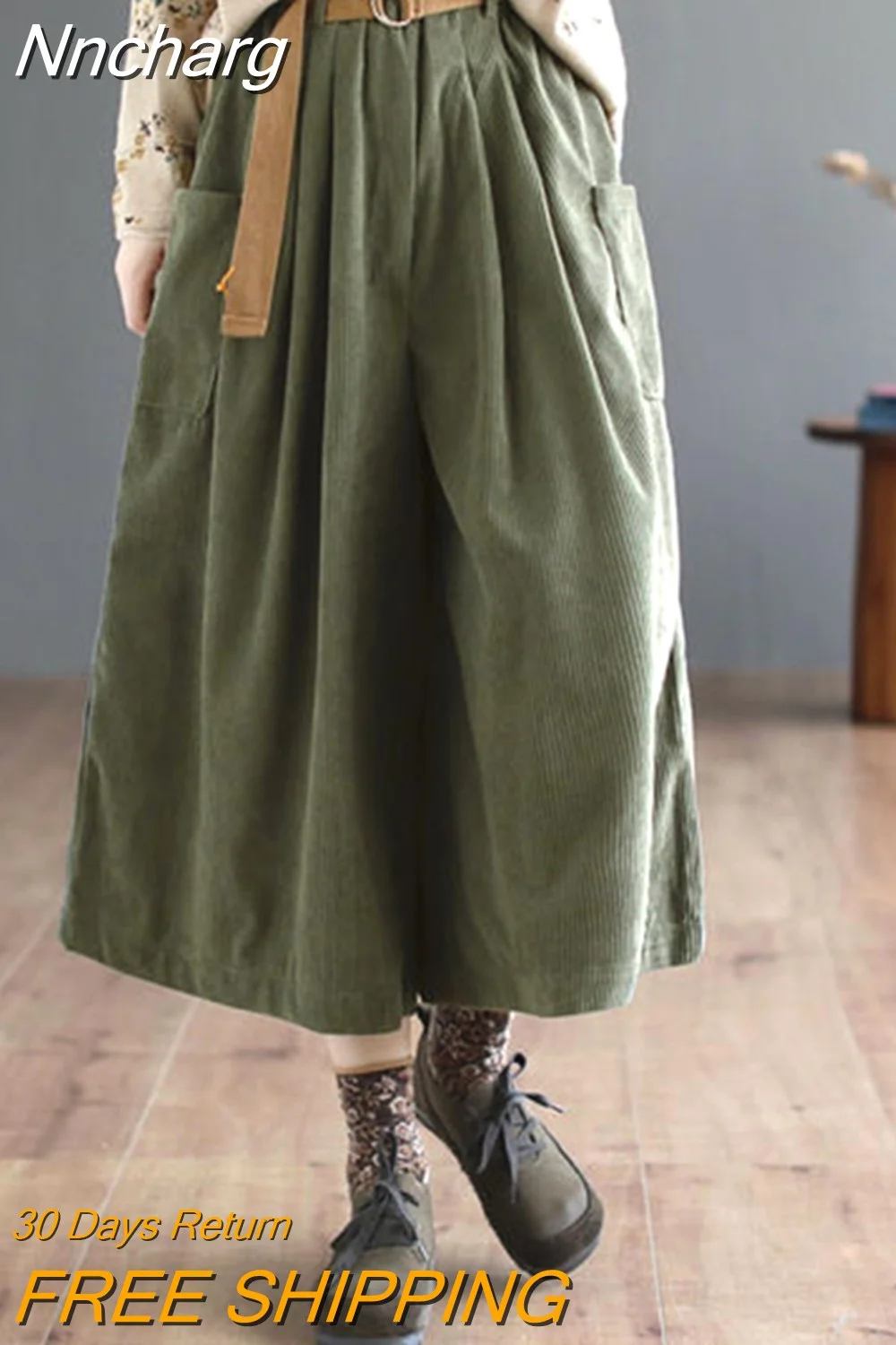 Nncharge Vintage Calf Pants Autumn Women High Waist Loose Pockets Designed Wide Leg Pants with Belt Korea Style Casual Pants