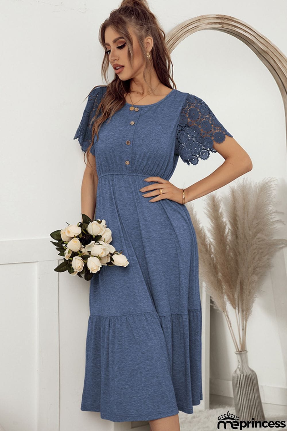 Decorative Button Round Neck Lace Sleeve Dress