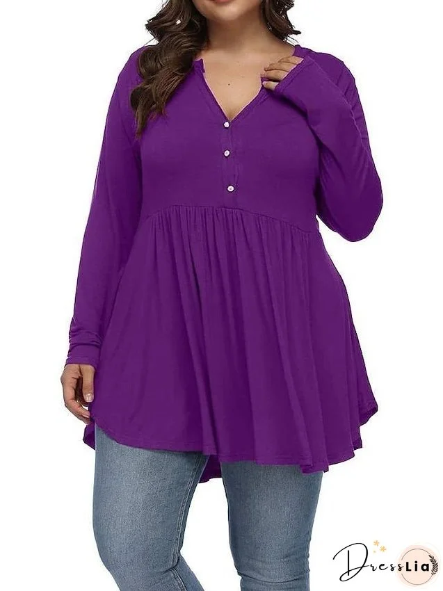 T shirt Tee Light Blue claret Deep Purple Plain Button Flowing tunic Long Sleeve Daily Weekend Basic V Neck Long Plus Size L for Women