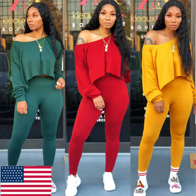 Women 2 Piece Outfits Long Sleeve Off Shoulder Crop Top Pants Set Casual Jumpsuit Autumn long Sleeve Pure  legging