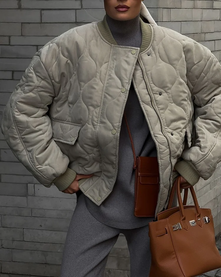 Lvpinyuan fall outfits 2025 Women Classic Solid O-neck Quilted Bomber Jackets Chic Single Breasted Zipper Full Sleeves Cotton Coats Lady Loose Outwear