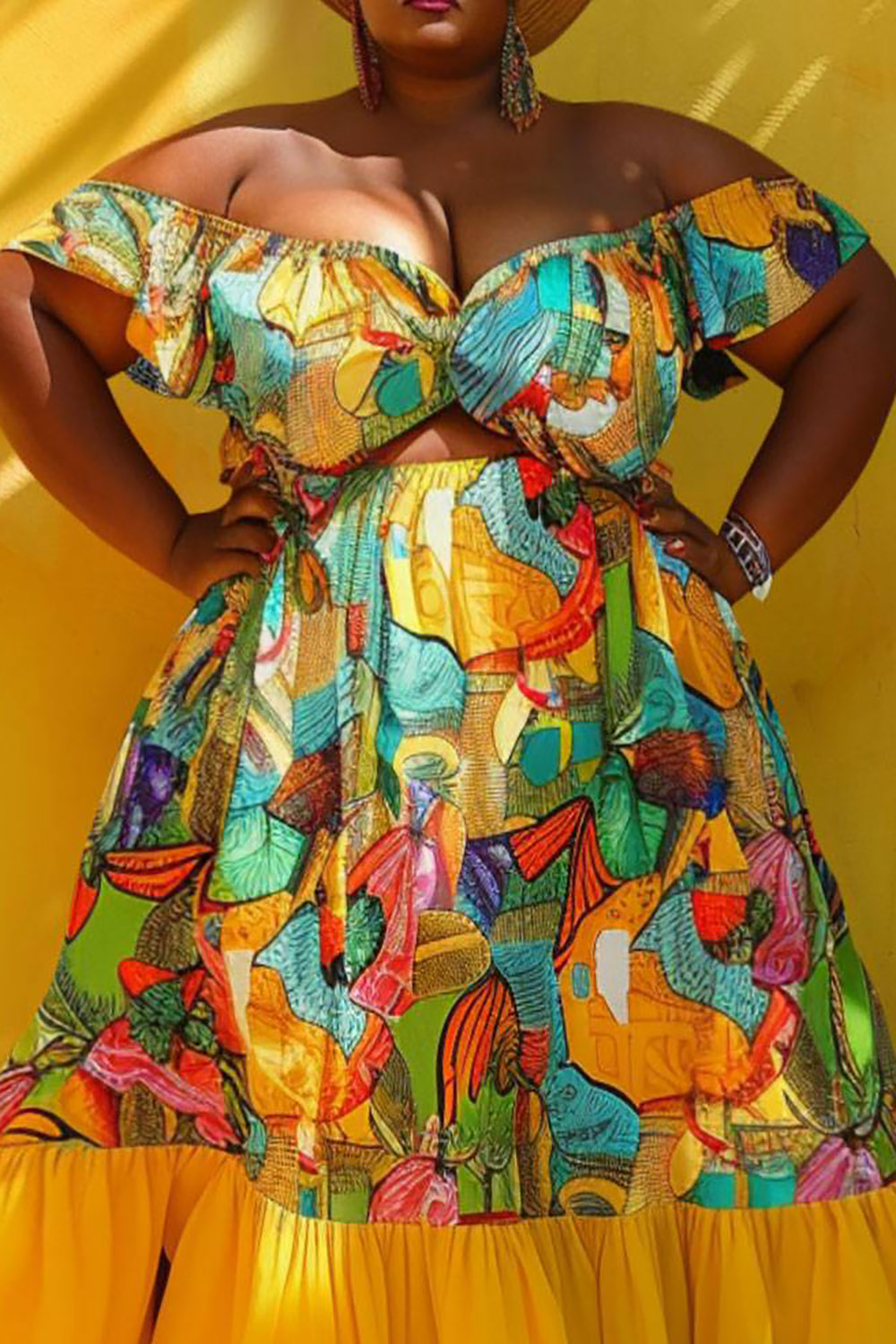 Design Plus Size Vacation Casual Yellow Ankara Off The Shoulder Cap Sleeve Cut Out Contrast Maxi Dresses [Pre-Order]