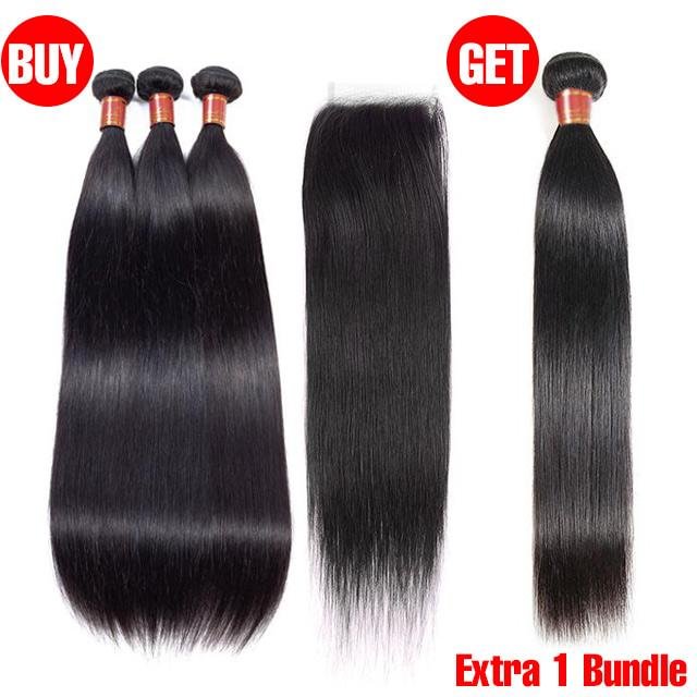 Buy 3 Bundles with 4x4 Transparent Lace Closure Get Extra 1 Free Bundle Human Hair Straight Body Wave Hair