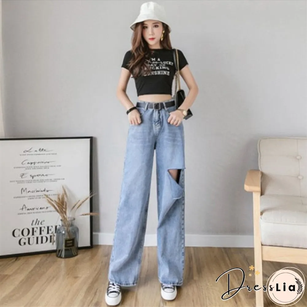 High Waisted Ripped Womens Jeans-For clothes wide leg denim clothing blue streetwear