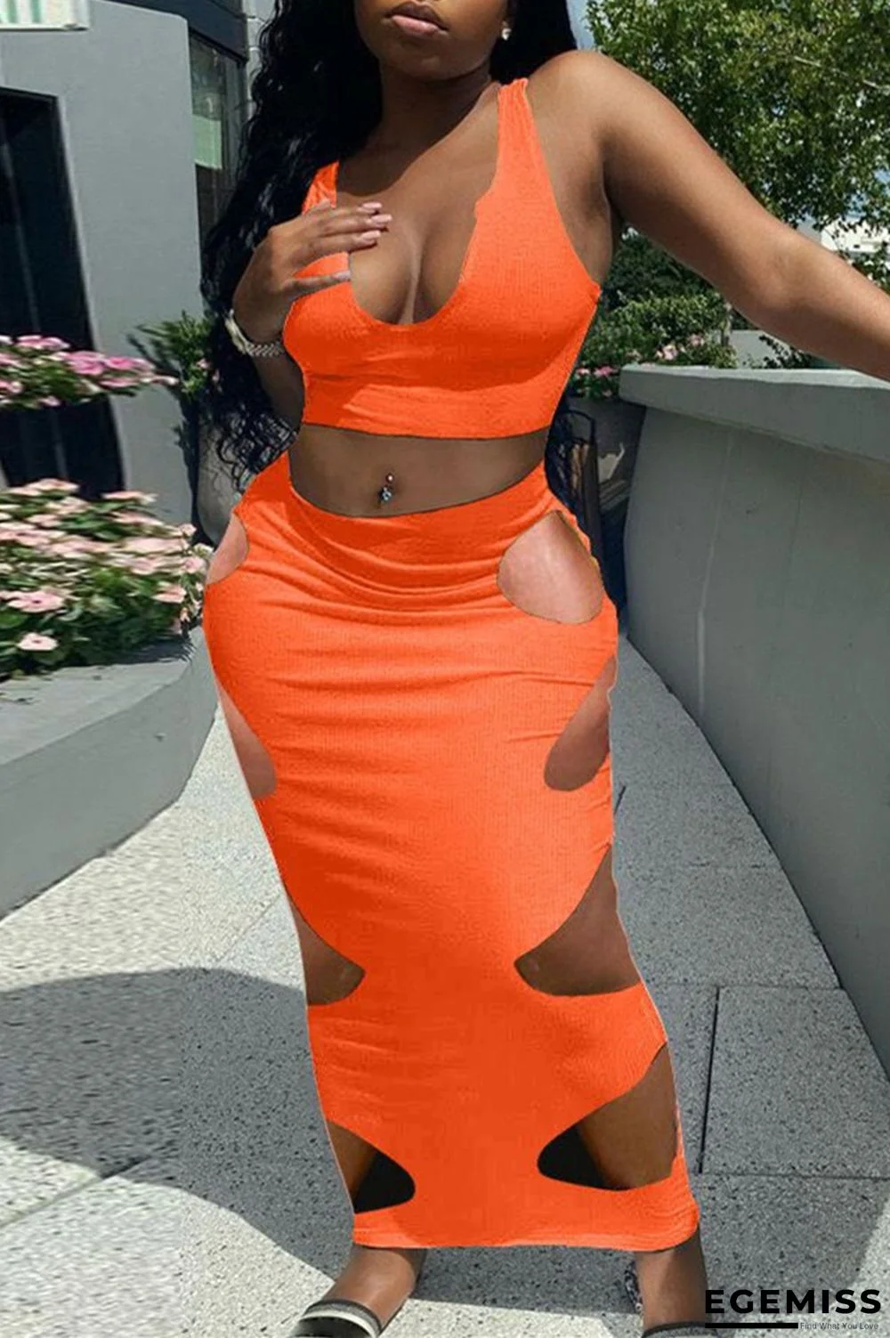 Orange Fashion Sexy Solid Hollowed Out U Neck Sleeveless Two Pieces | EGEMISS