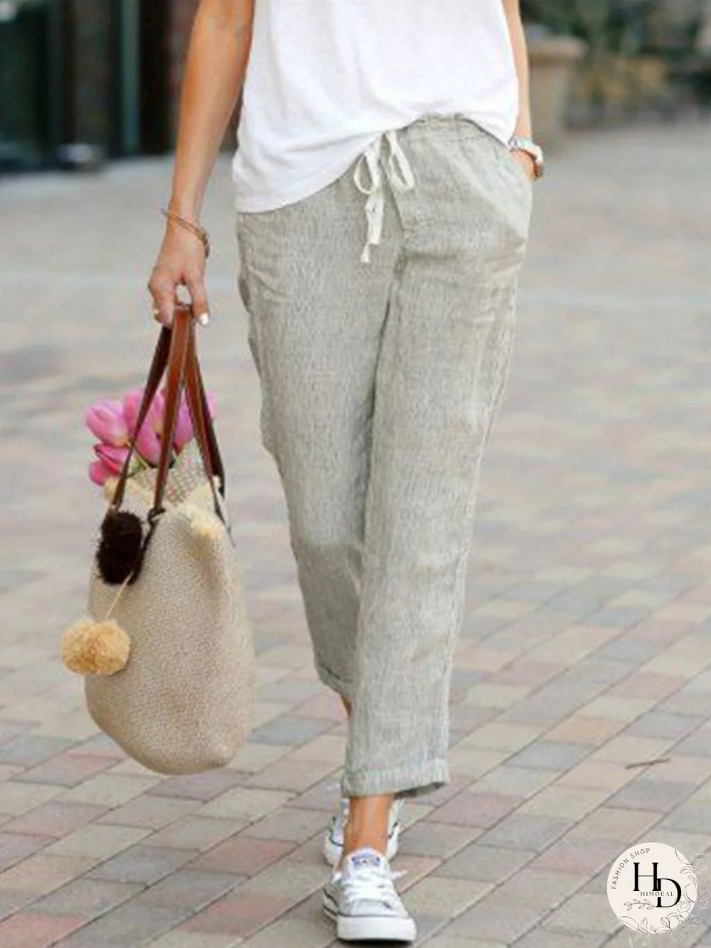 Solid Drawstring Casual Linen Pants