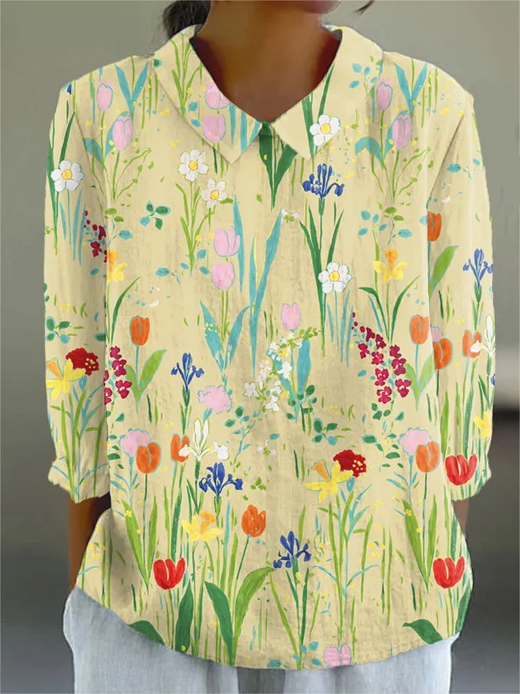 Women's Vintage Flowers Art Print Casual Cotton And Linen 3/4 Sleeve Shirt