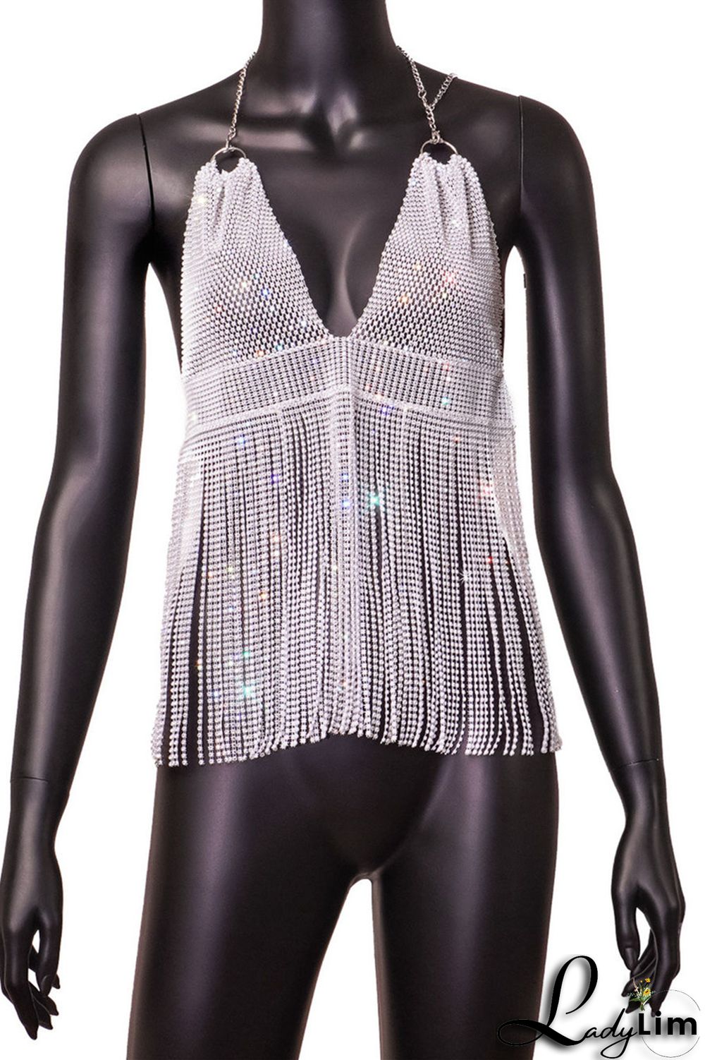 Pink Fashion Sexy Patchwork Tassel Backless Halter Tops