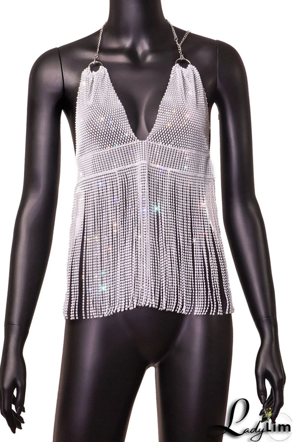 Pink Fashion Sexy Patchwork Tassel Backless Halter Tops