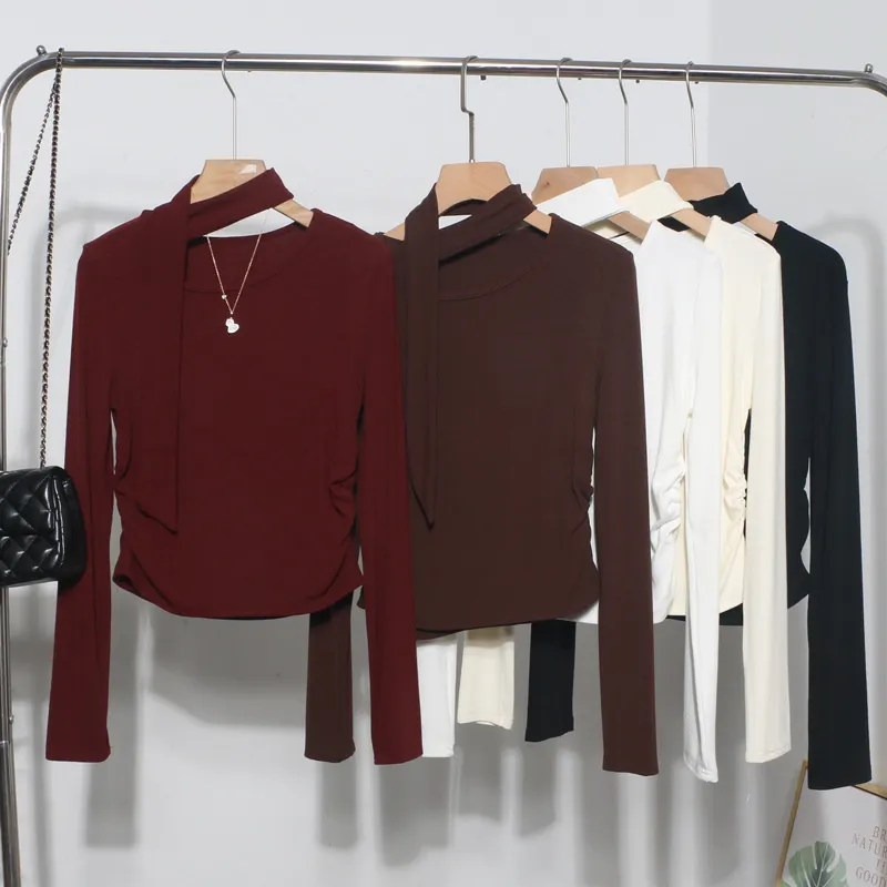 Churchf Ribbon Scarf Hanging Neck Long-Sleeved T-Shirt Girl 2024 Autumn Slim Thin Folded Bottom Shirt 1630