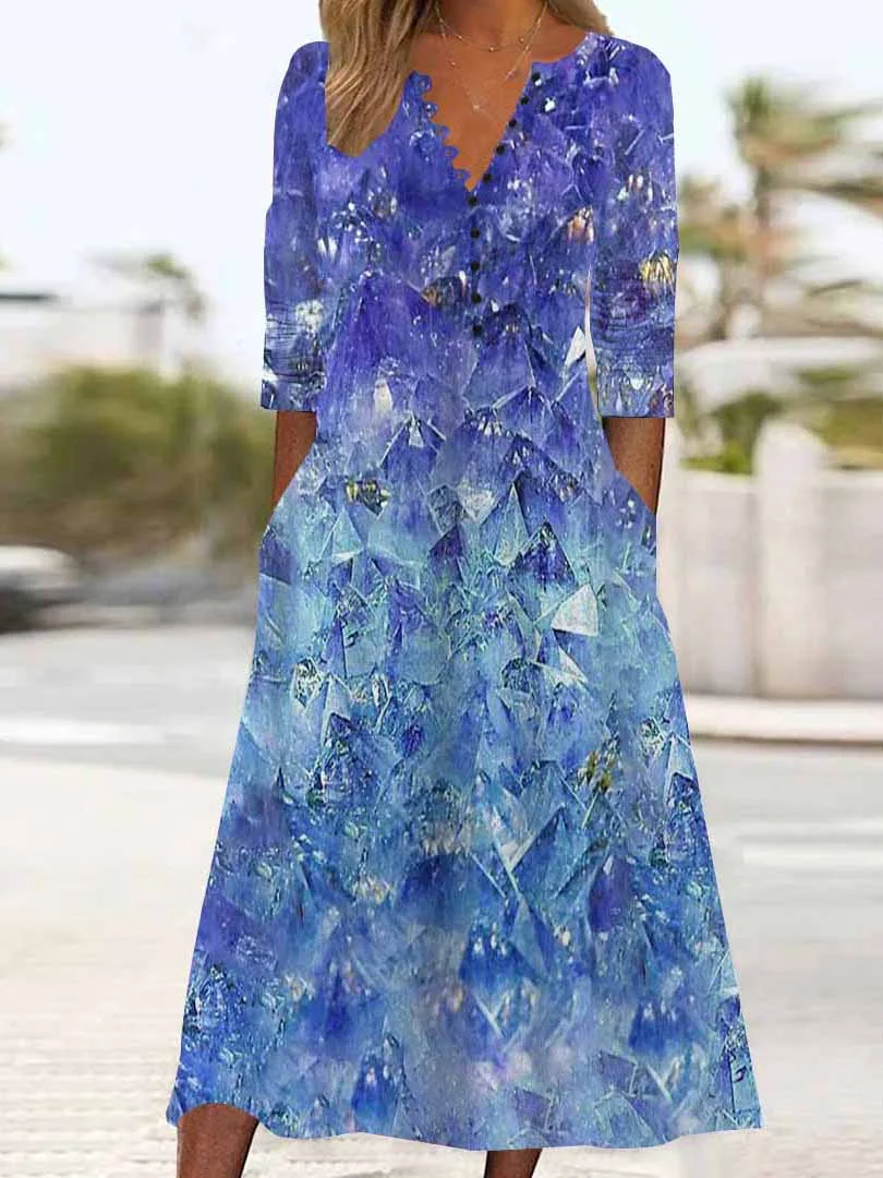 Women Graphic,Blue DZHB8378 Long Sleeve V-Neck Graphic Printed Midi Dress