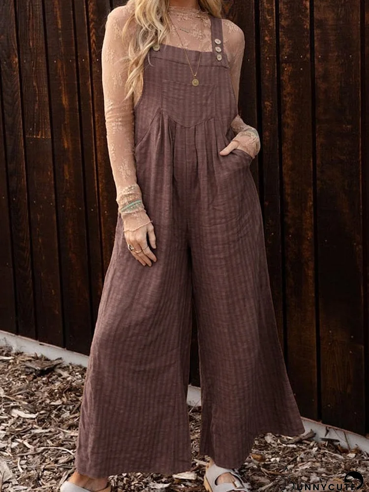 Striped Chicory Coffee Wide Leg Jumpsuit with Pockets