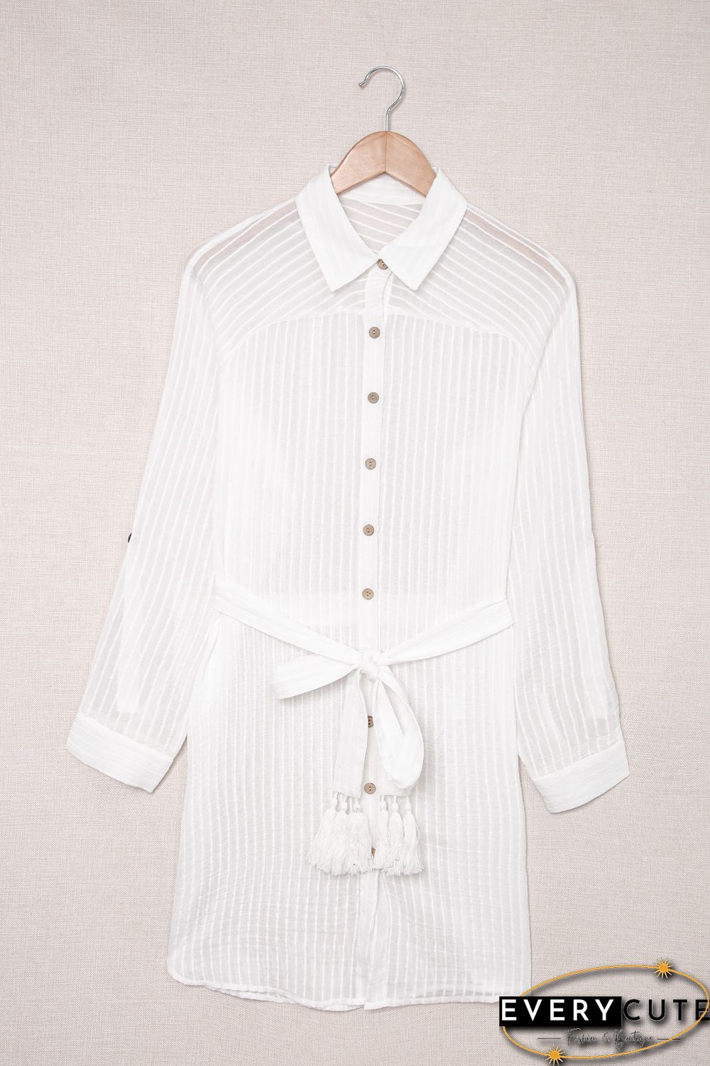 White Striped Shirt Dress Beach Cover up with Belt