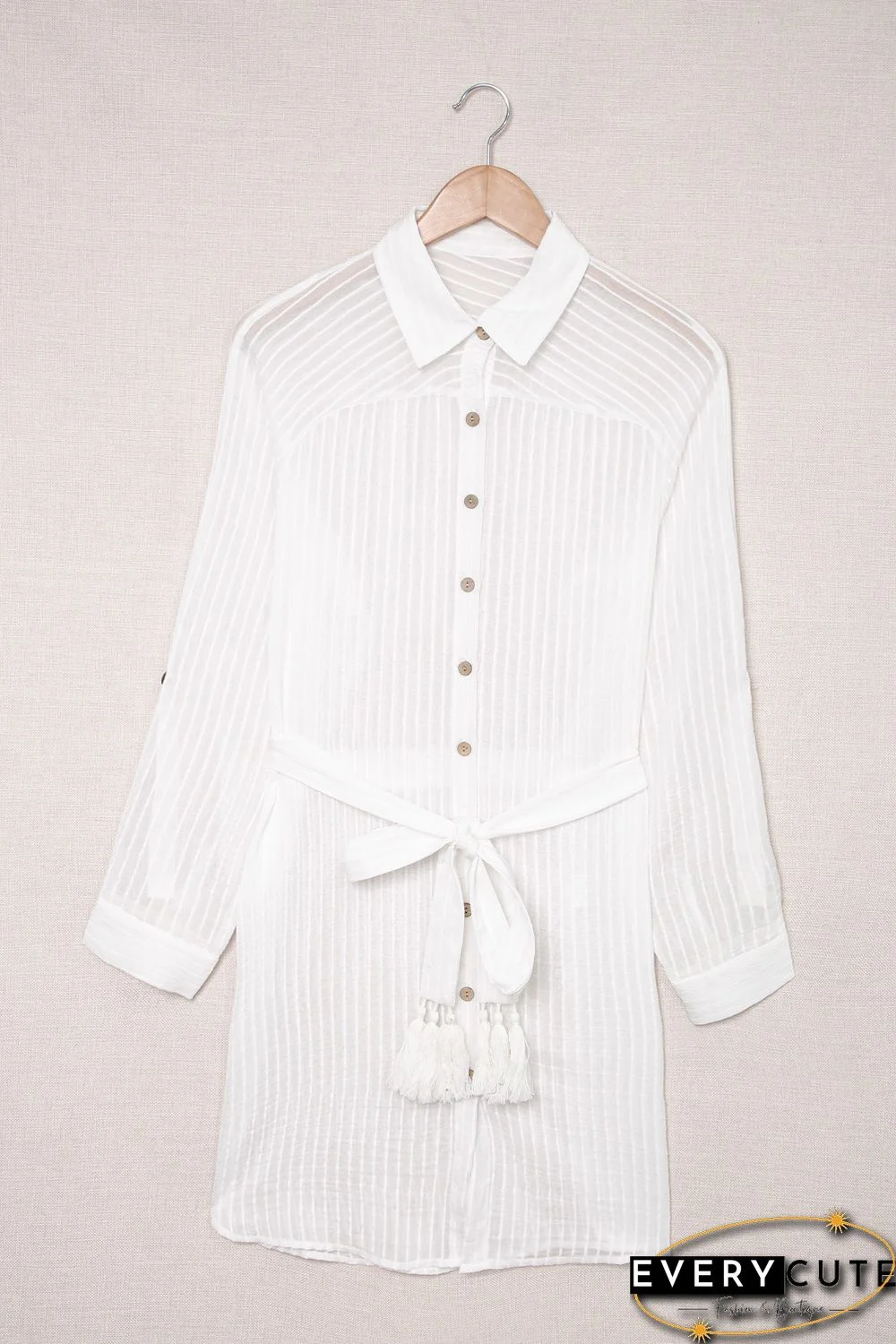 White Striped Shirt Dress Beach Cover up with Belt