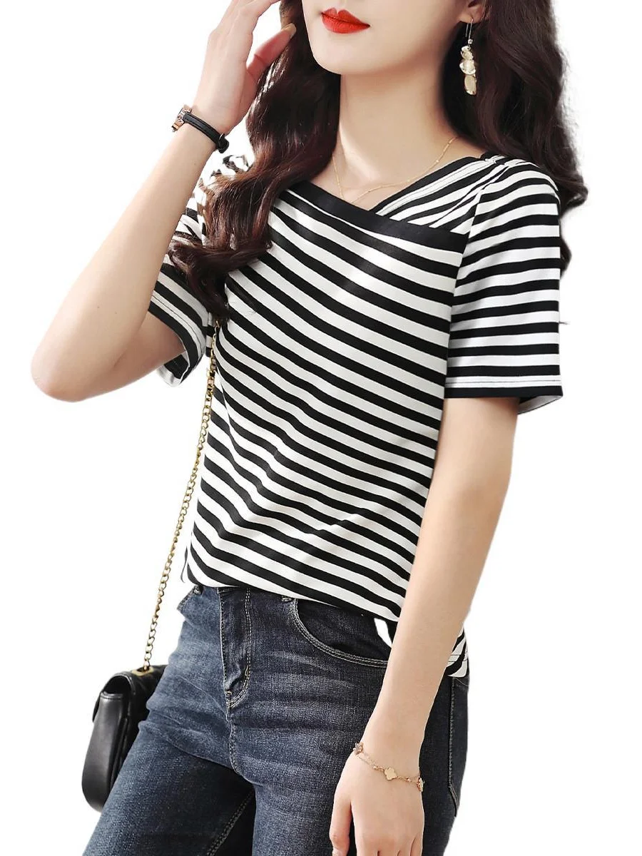 Athvotar Athvotar Thin Style 2025 New Retro-Collending V-Neck Striped Knitted Shirt Short-Sleeved T-Shirt Top For Women's Summer