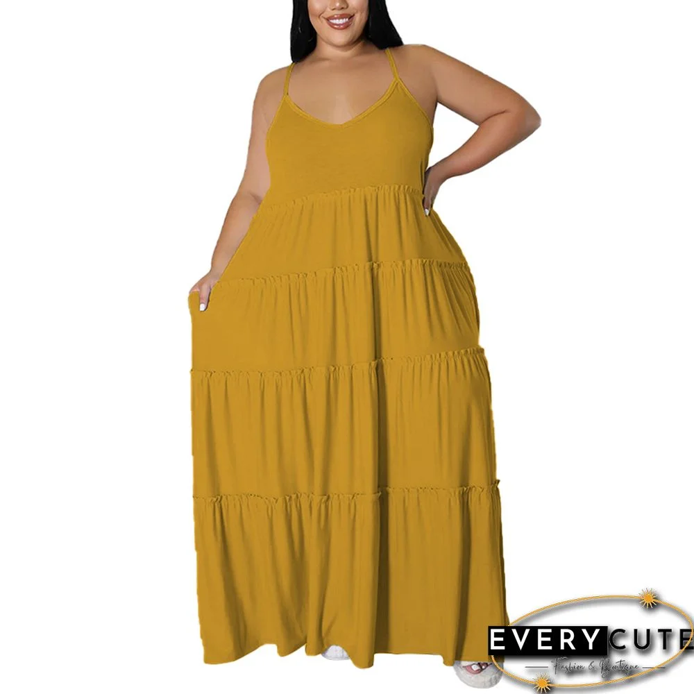 Yellow Pocket Casual Plus Size Long Dress