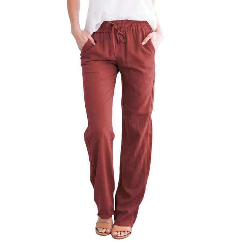 Brownm Temperament Commute Solid Color Cotton Linen Drawstring Loose Casual Wide-leg Trousers