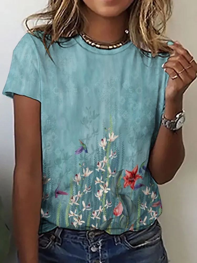 Printed Short Sleeve Casual T-shirt for  Women and Men Unisex Pattern Floral, Green