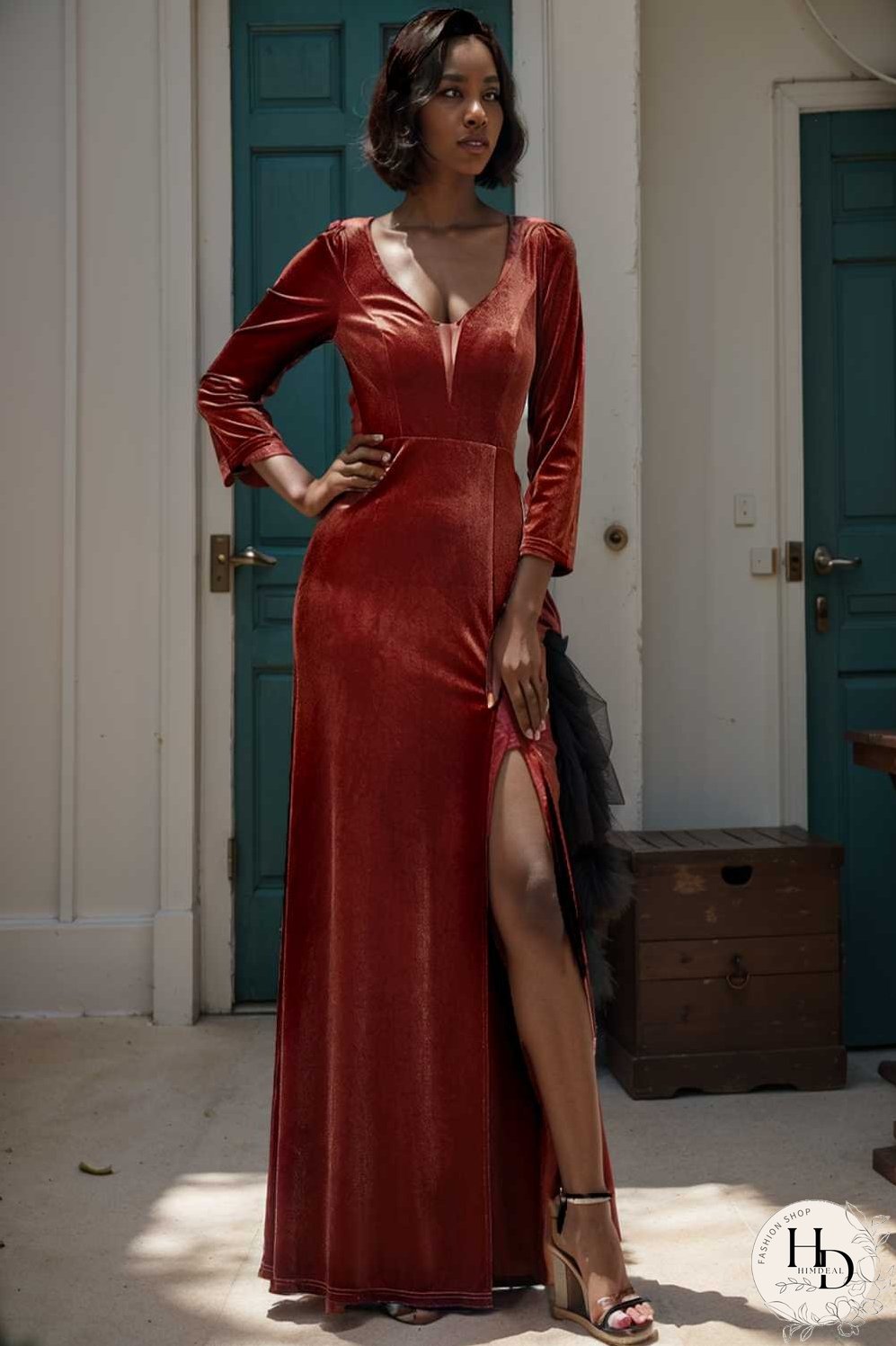 velvet 3 4 length sleeve illusion v neck front slit evening dress