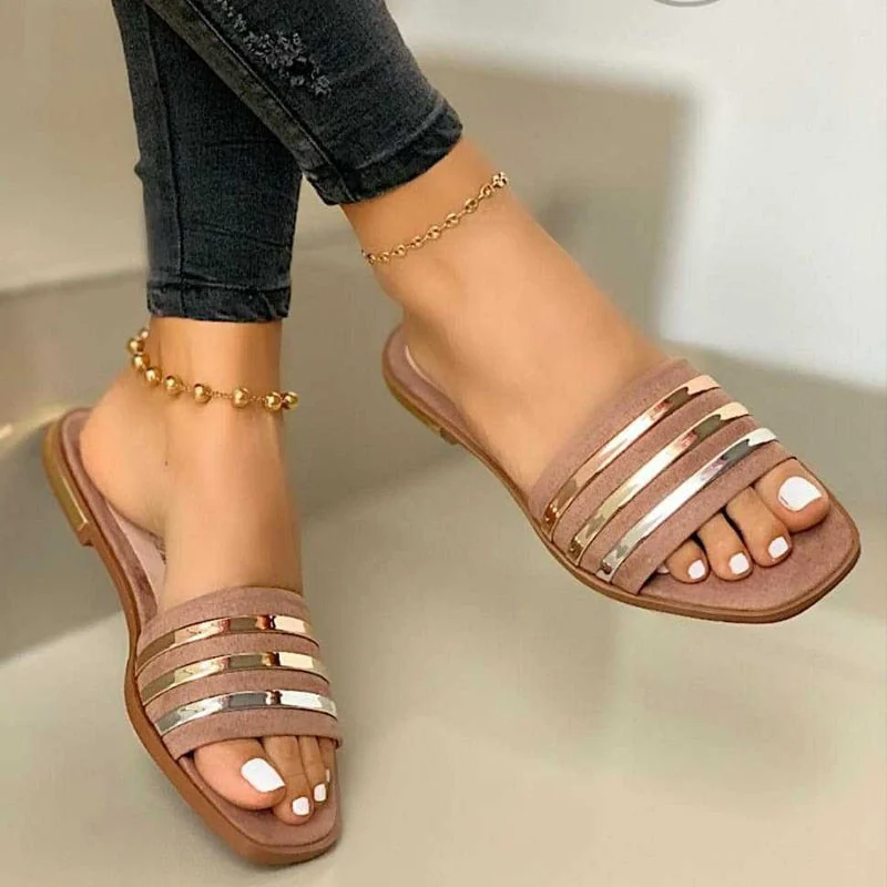 Fashion Slippers for Women Summer Slip on PU Ladies Flat Shoes Casual Woman Striped Sandals Female Comfort Slides 2023