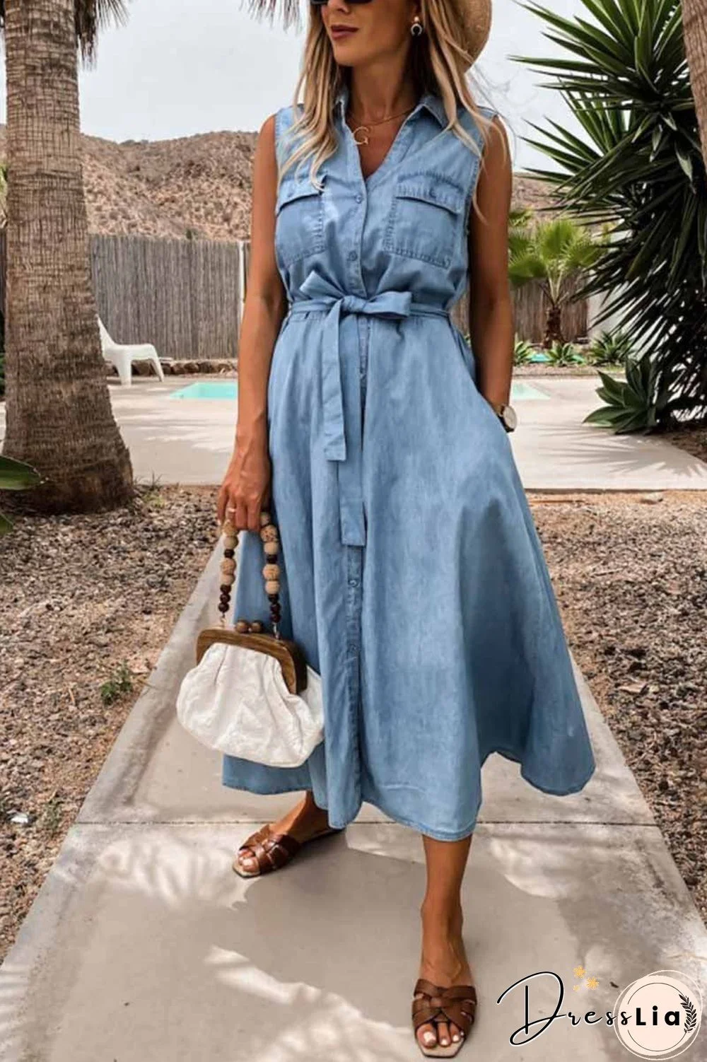 Sleeveless Lace-Up Single-Breasted Denim Midi Dress