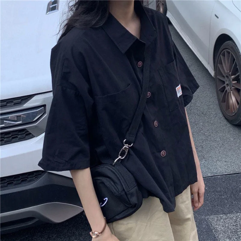 Women Blouses Half-sleeve Turn-dpwn Collar Solid Summer Pockets BF Streetwear Students Loose Chic All-match Vintage Tops Shirts