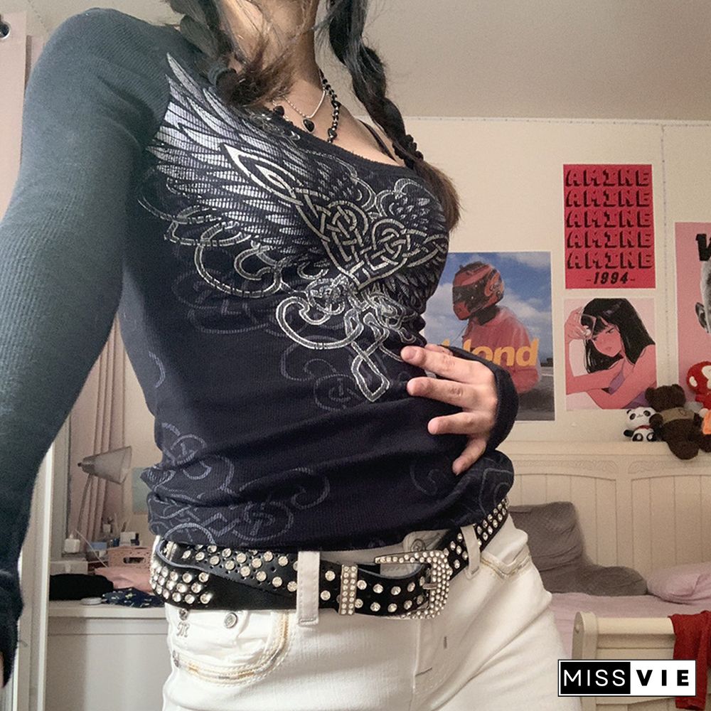 Goth Print Cute Graphic T Shirts Women Black Techwear Long Sleeve Basic Autumn Tops Cropped Tee Shirt E Girl Streetwear