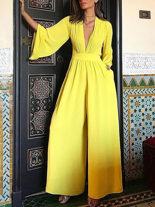 High Waisted Long Sleeves Pleated Solid Color Deep V-Neck Jumpsuits