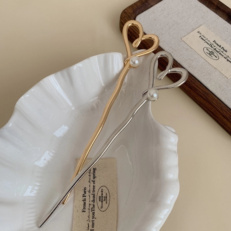 Women’s Sweet Heart Shape Alloy Inlay Pearl Hair Sticks