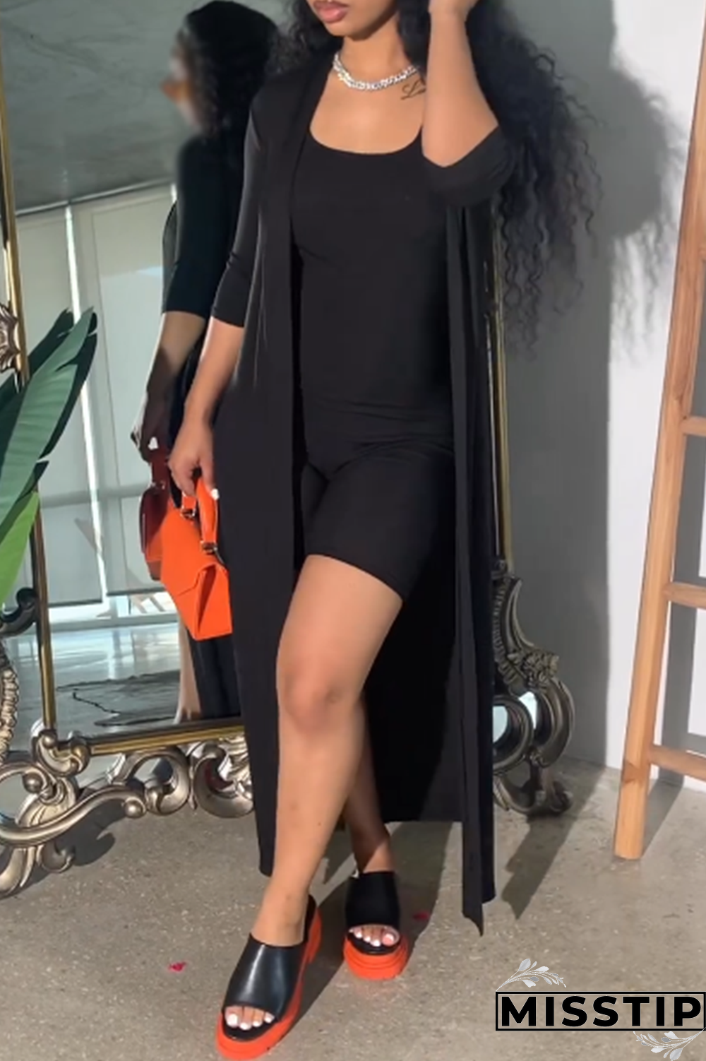 Black Casual Daily Simplicity Basis Solid Color Half Sleeve Two Pieces