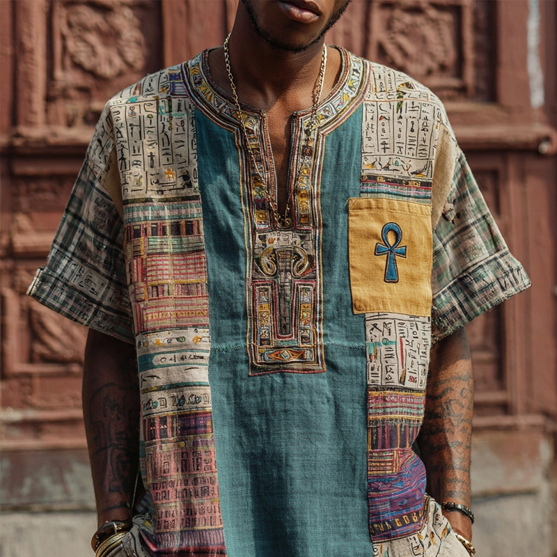 Ankh Ancient Egyptian Vintage Patchwork Linen Shirt