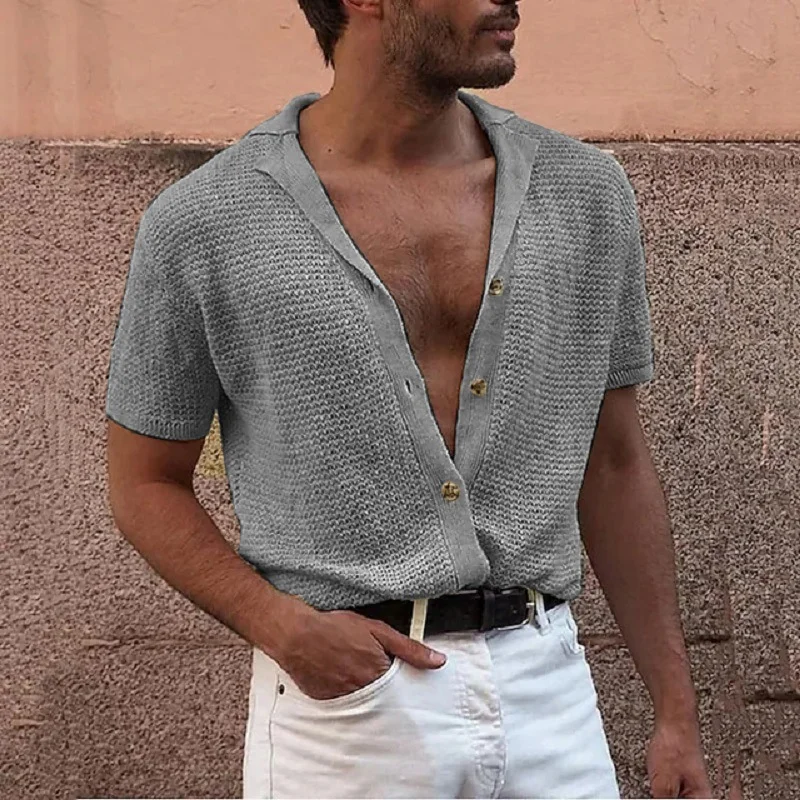 Wongn Wongn Men Casual Short Sleeve Top Knit Single Breasted Gentleman Cardigan Men's Turtleneck Sweater