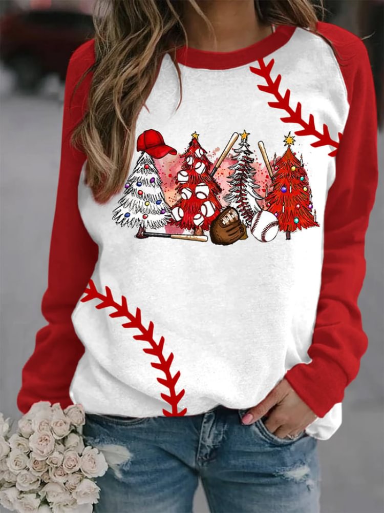BrosWear Christmas Tree Baseball Print Colorblock Sweatshirt