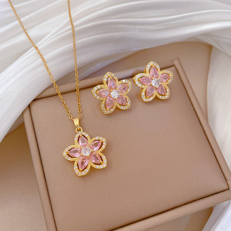 Pink Five-Petal Flower Full Diamond Gorgeous Full Diamond Necklace Female Versatile Clavicle Chain Titanium Steel