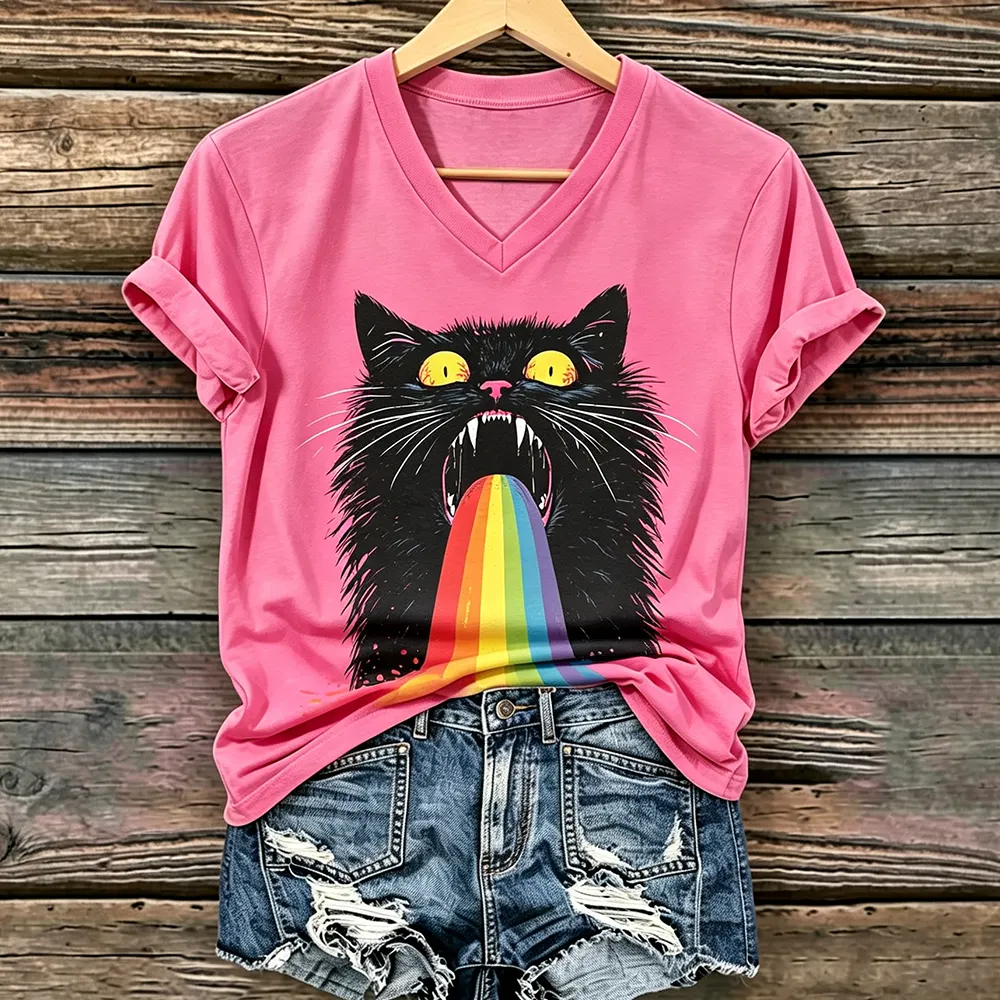 Comstylish Women's V-neck Short Sleeve T-shirt With Cat Vomiting A Rainbow Graphic Art