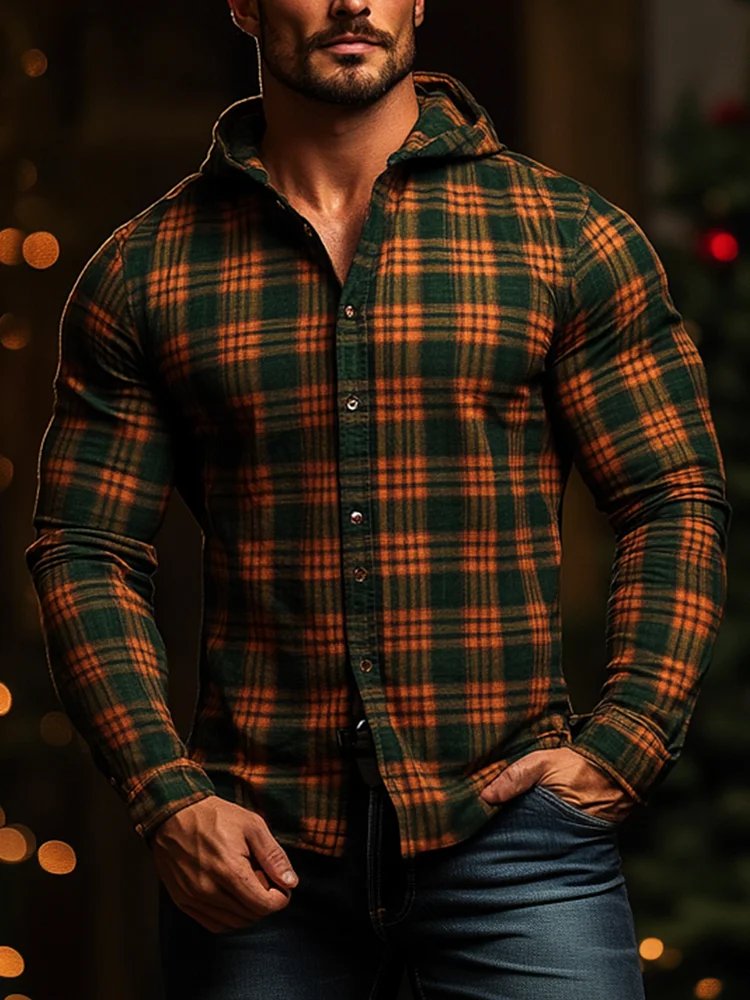 Men's Christmas Plaid Cotton and Linen Long Sleeve Hooded Shirt