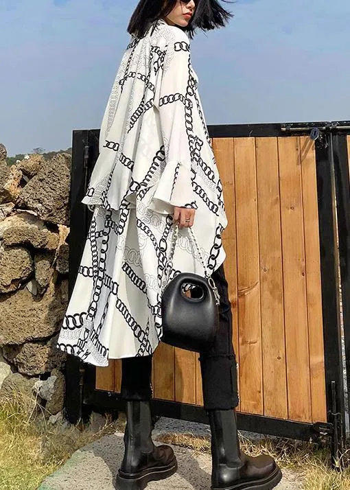 Handmade lapel asymmetric spring tunics for women white print loose shirt