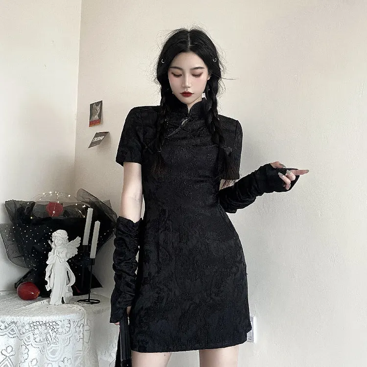 Gothic Lolita Harajuku Style Dressing Black Improved Cheongsam Dress with Oversleeves