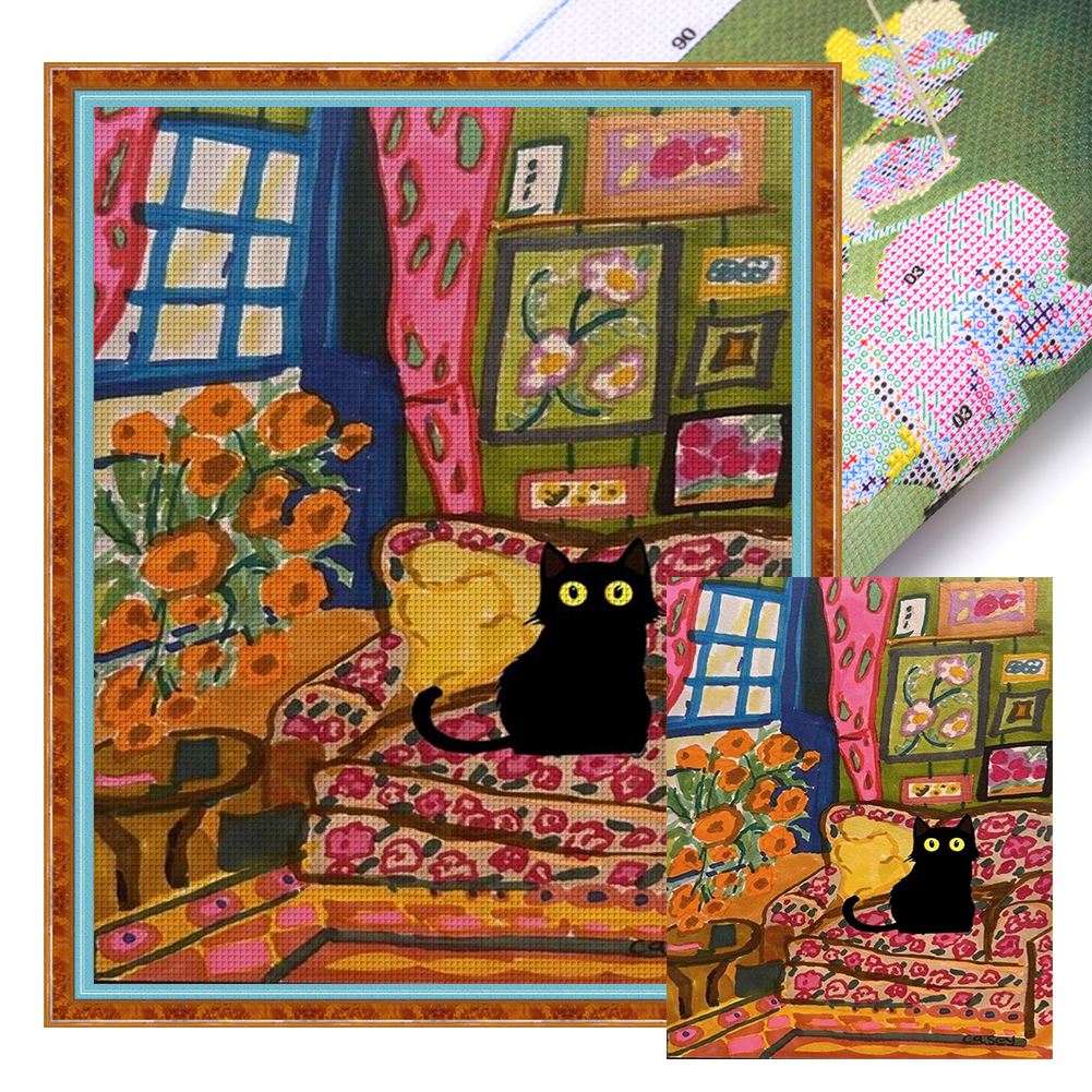 Black Cat On The Sofa Full 11CT Pre-stamped Canvas(40*50cm) Cross Stitch