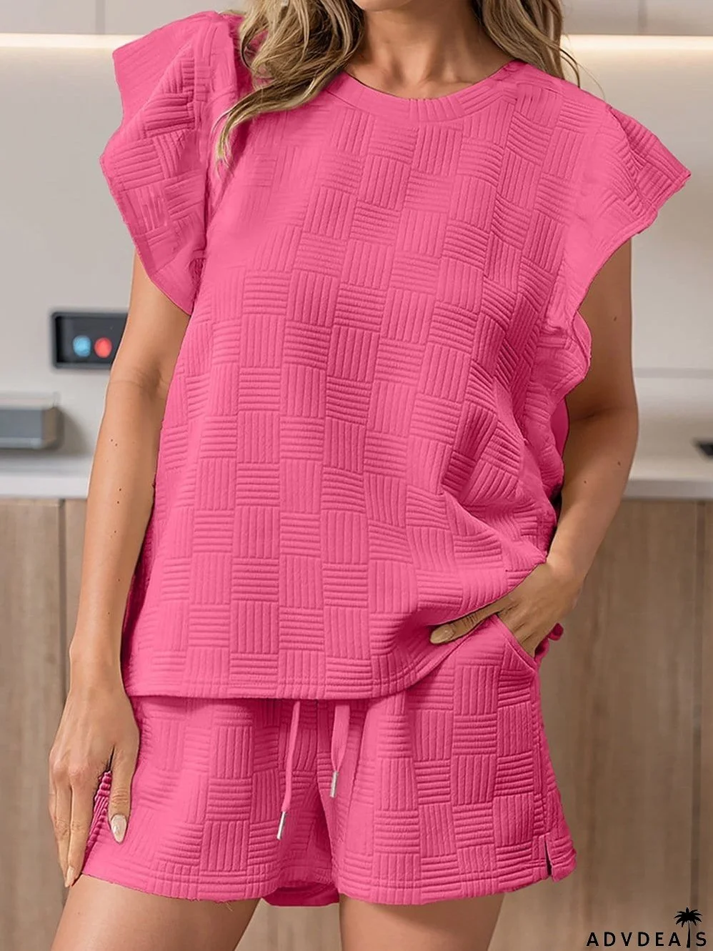Sweet Pink Textured Two-Piece Ruffle Sleeve Tee and Drawstring Shorts Ensemble