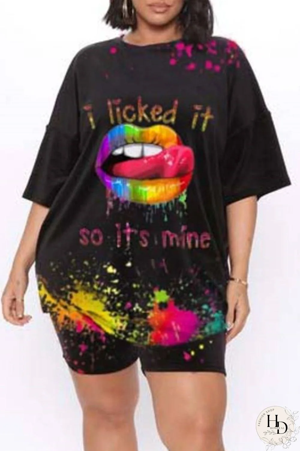 Black Fashion Casual Print Basic O Neck Plus Size Two Pieces
