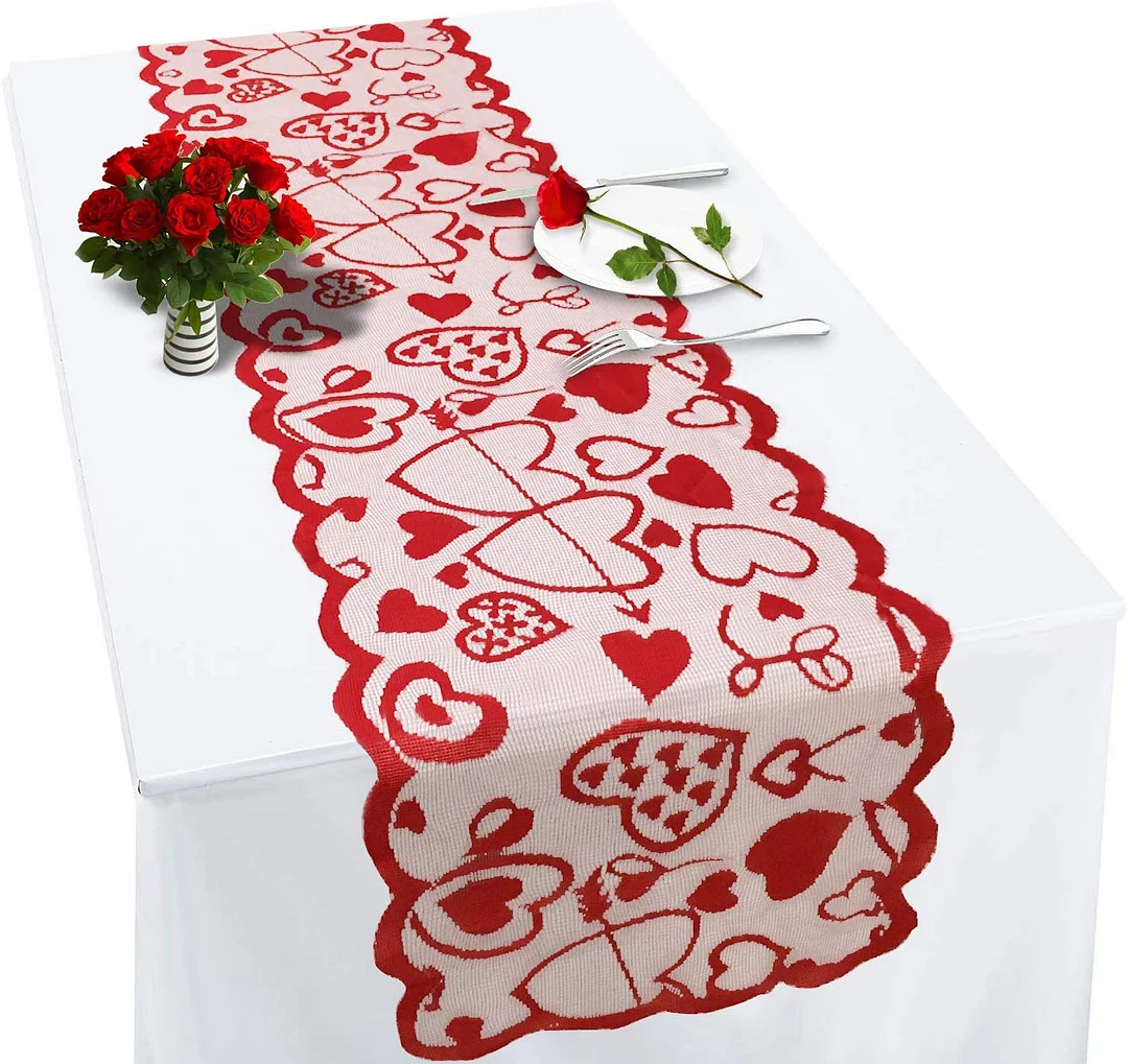 💗13x72 inches Lace Love Table Runner for Home Wedding Party Valentines Day Table Decorations Long Line for Dinner(Random style)