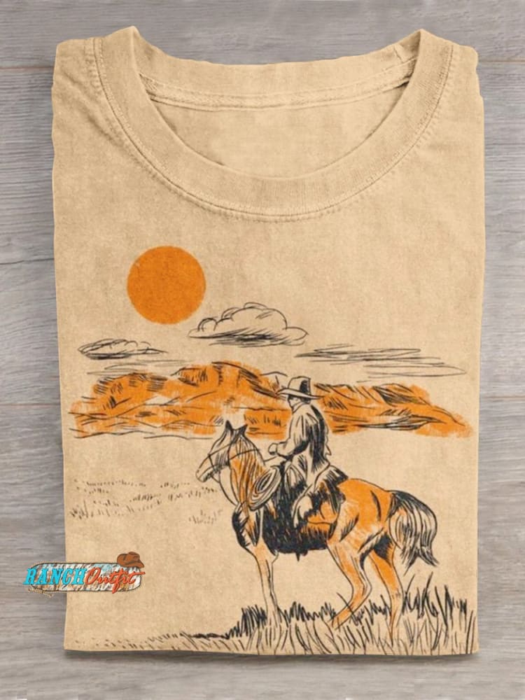 Retro Wild Western Cowboy Art Print Casual T-Shirt Sand / S