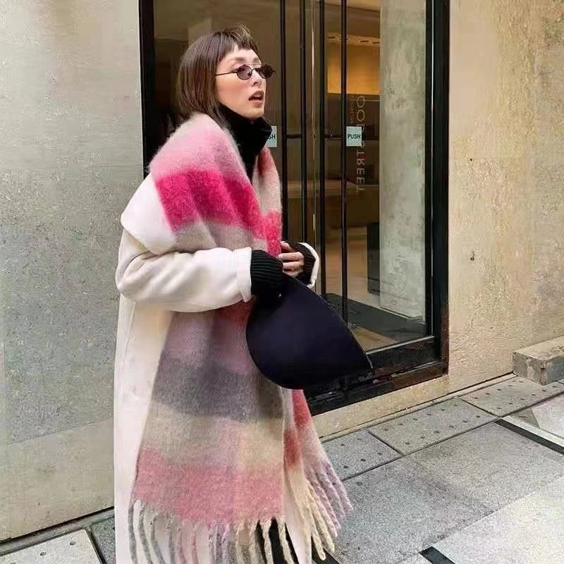 Rainbow Plaid Tassel Scarf For Women Autumn And Winter Famous Color Matching Cashmere Mohair Shawl Thickened Scarf