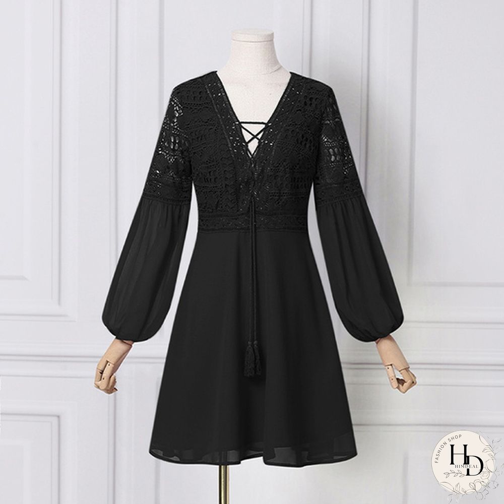 Womens Lace Stitching Lace Up Mini Dress Lantern Long Sleeve V Neck Evening Party Casual Loose Elegant A Line Dress Plus Size