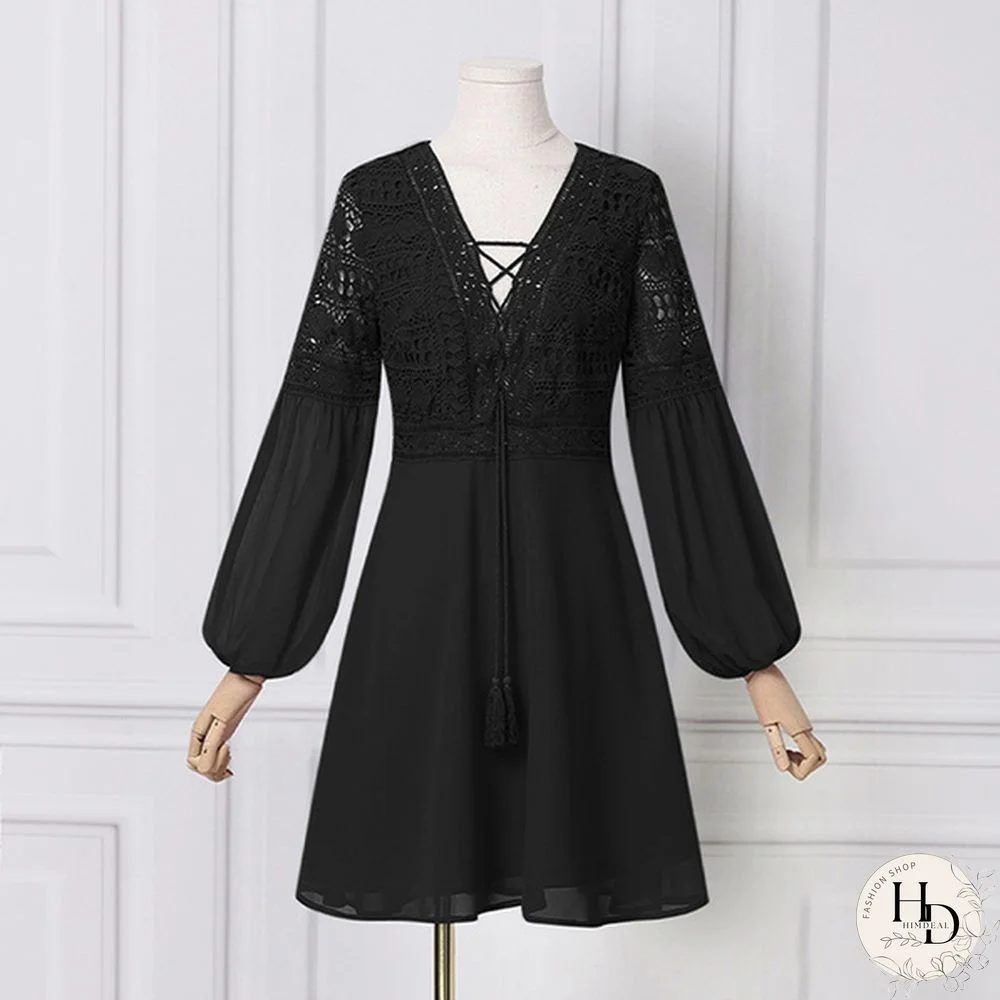 Womens Lace Stitching Lace Up Mini Dress Lantern Long Sleeve V Neck Evening Party Casual Loose Elegant A Line Dress Plus Size