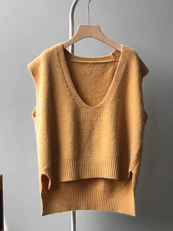 Knitting Irregularity Solid V-Neck Vest