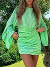 Round-Neck Long Sleeve Drawstring Casual Mini Dress