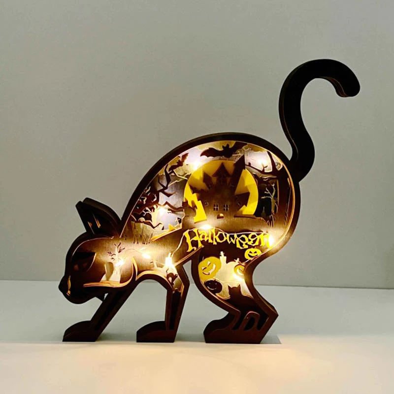 WoodyOrnament Halloween Black Cat Carving Handcraft Gift